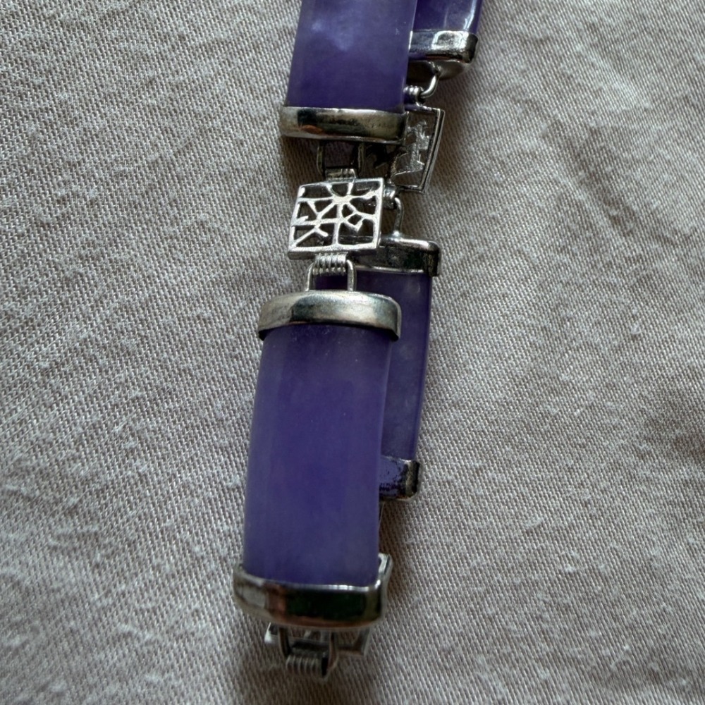 Vintage Sterling Silver Purple Jade Chinese Character Shou Link Bracelet 925